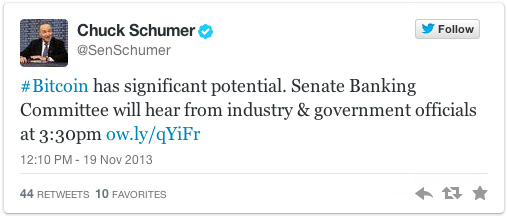 Schumer Bitcoin Tweet 19 NOV 13