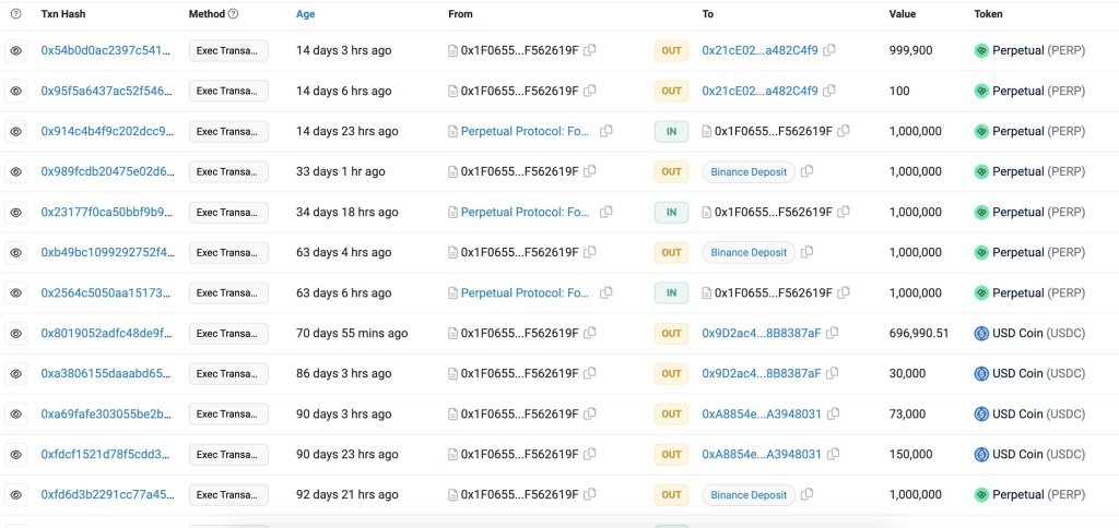 PERP transfers to Binance: Etherscan