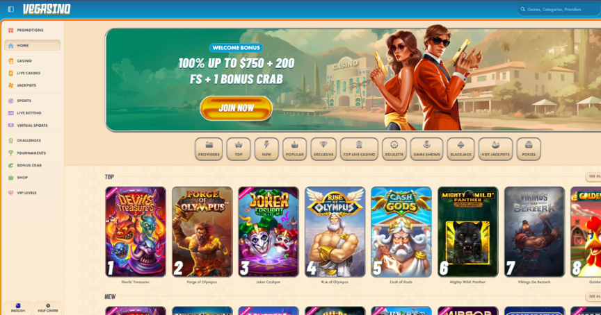 Vegasino Casino homepage displaying their AU$6000 + 300 Bonus Spins offer and a variety of exciting real money casino games for Australian players