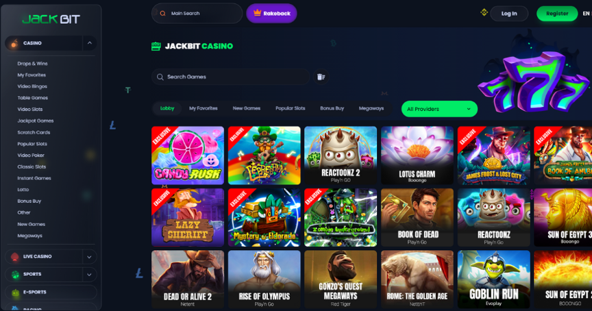 Jackbit Casino homepage showcasing their vast selection of over 6000 online casino games, sportsbook options, and unique esports betting system for Australian players in 2024