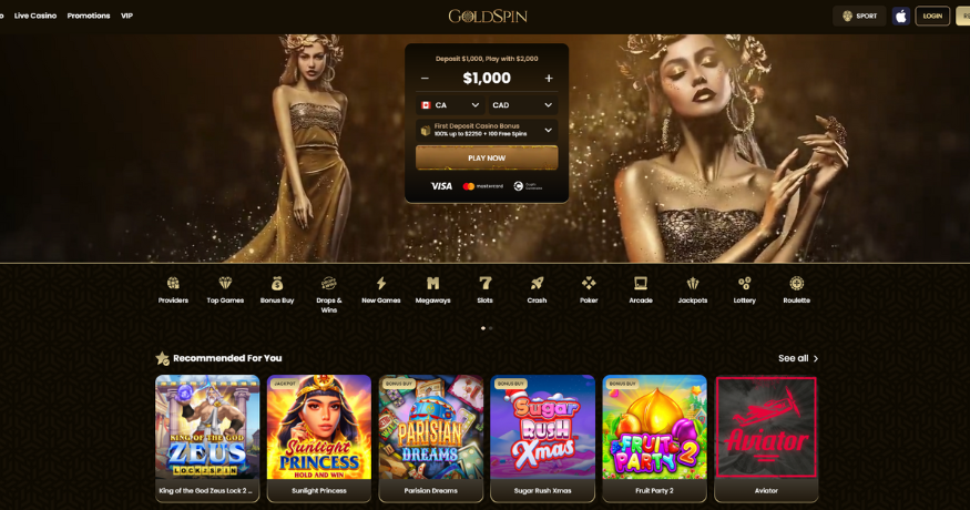 Gold Spin Casino homepage featuring their 2250 CAD + 100 FS welcome offer and an array of enticing online casino games for Canadian gamblers