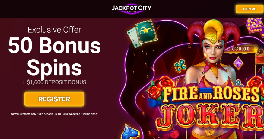 JackpotCity Casino homepage showcasing their C$1,800 + 300 Free Spins welcome bonus and selection of popular online casino games in Canada