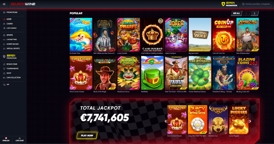 QuickWin Casino homepage showcasing their C$4000 + 200 Free Spins welcome bonus and a diverse selection of top online casino games in Canada