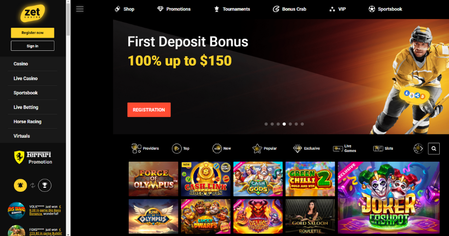 Zet Casino homepage showcasing their C$750 + 200 FS + 1 Bonus Crab welcome bonus and vast selection of online casino games for Canadian players in 2024