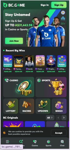 A screenshot taken from mobile of the online casino BCGames Australia