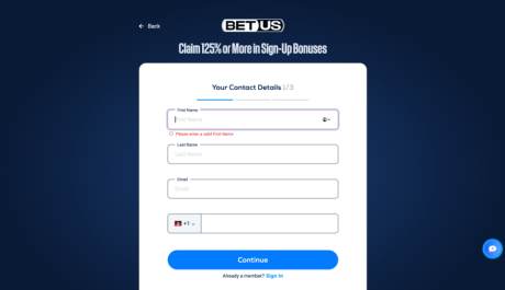BetUS sign up form