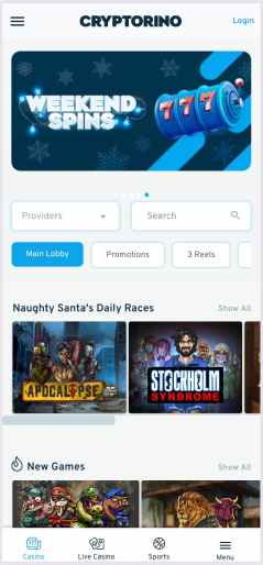 A screenshot taken from mobile of the online casino Cryptorino Australia