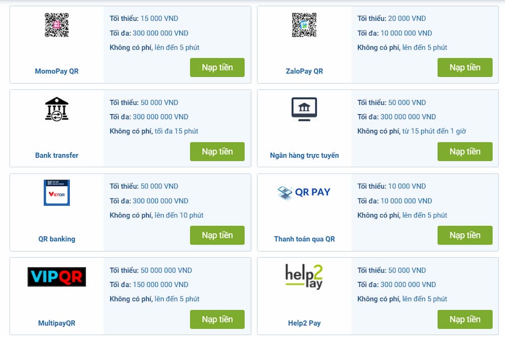 Nhiều hình thức nạp tiền và rút tiền cho cược thủ