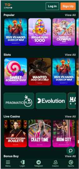 A screenshot taken from mobile of TGCasino online casino