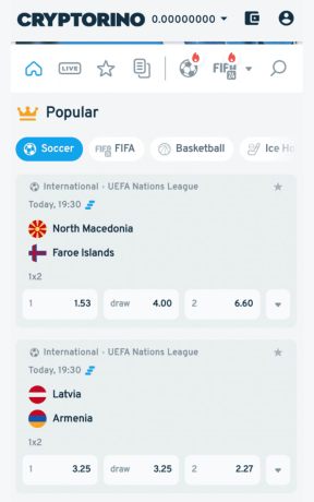 sports betting homepage at Cryptorino