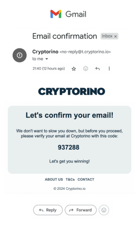 confirmation email received by Cryptorino