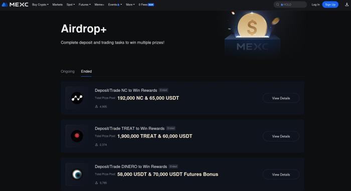 MEXC airdrops directory shows ended and ongoing airdrops