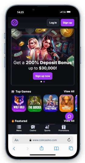 Coin Casino mobile homepage promoting 200% deposit bonus up to $30,000 for Litecoin Casino Australia gamers.