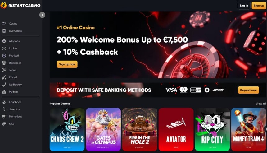 instant casino начален екран