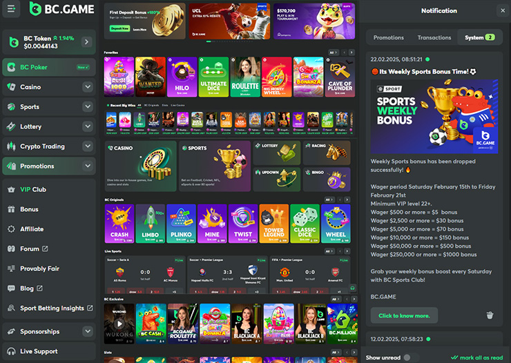 bc game games welcome bonus menu on homepage