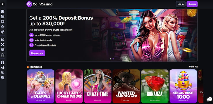 Home page of CoinCasino, displaying their crypto betting offer of 200% up to $30,000.