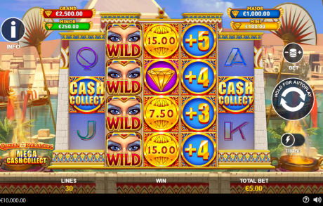 A screenshot from Queen of the Pyramids: Mega Cash Collect by Playtech.