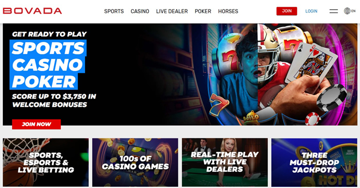 bovada review - homepage with sportsbook, casino and poker