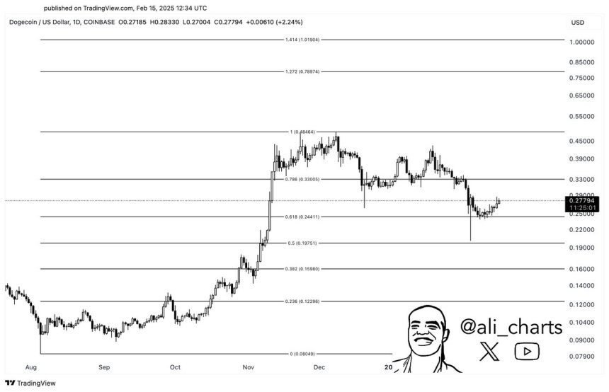 Dogecoin retrocede al nivel de Fibonacci 0,618 | Fuente: Ali Martínez en X