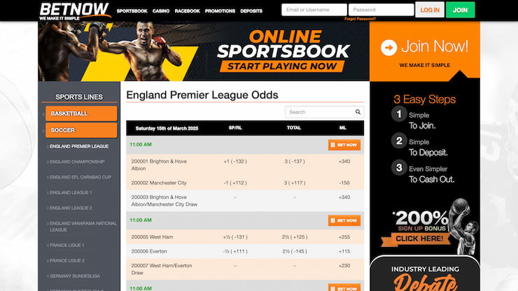 The homepage of EPL soccer betting at BetNow