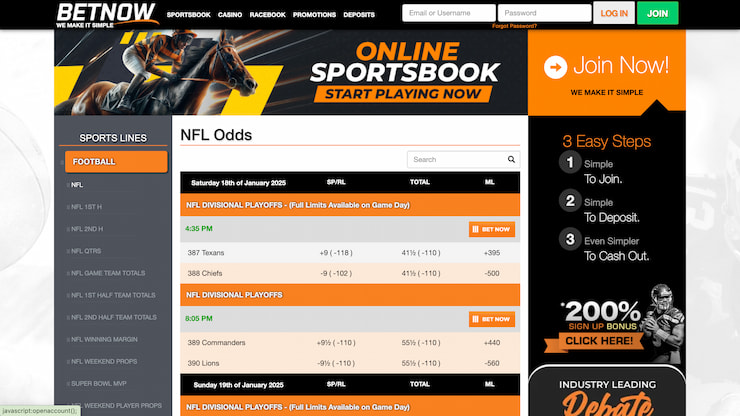 BetNow's NFL betting homepage