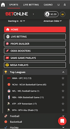 The mobile homepage for BetOnline STATE sports betting