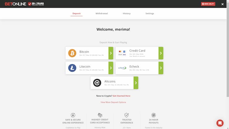 Deposit at BetOnline with Bitcoin or Credit Card