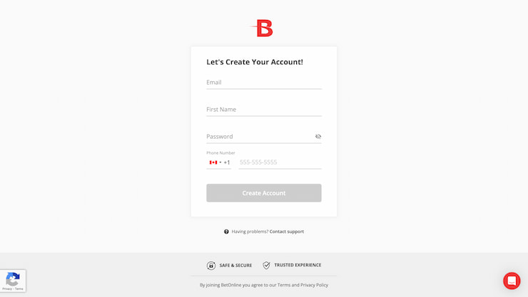 Second step of signing up at BetOnline