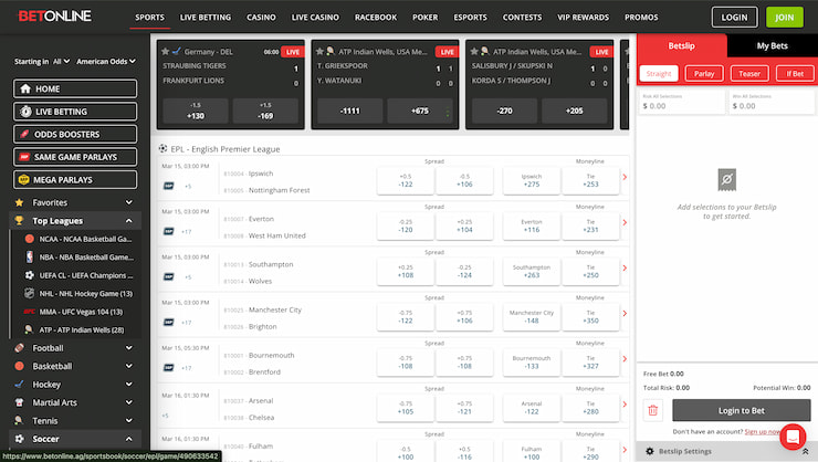 The homepage of soccer betting at BetOnline