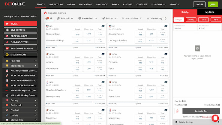 BetOnline's NFL betting homepage