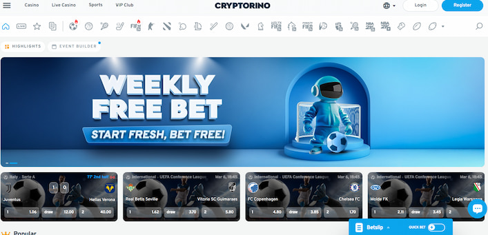 Cryptorino's sports betting page, displaying their weekly free bet offer