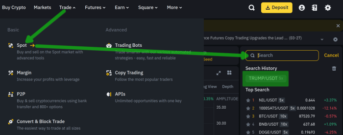 Finding the spot trading section on Binance