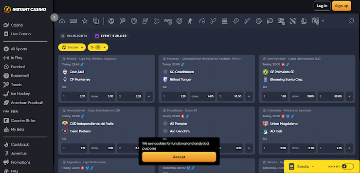 Instant Casino's home page, displaying their Event Builder for crypto betting