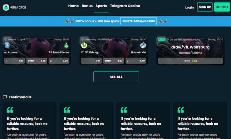 Mega Dice crypto sports betting tab