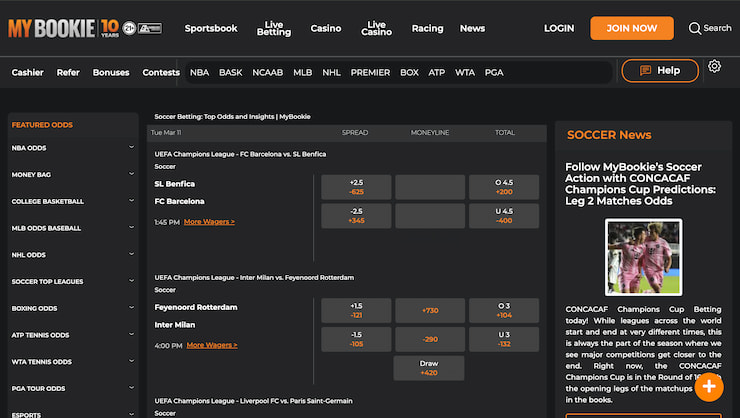 The homepage of soccer betting at MyBookie