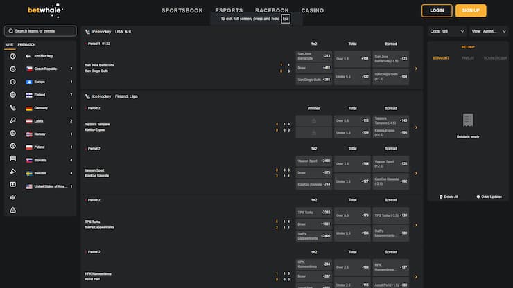 BetWhale Ice Hockey Betting Odds and Totals