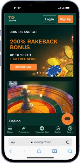 The TG.Casino homepage on mobile.