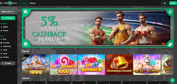 sirwin casino review sports cashback bonus screenshot