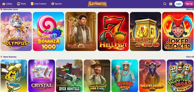 screenshot of slot monster casino online homepage