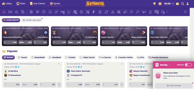 screenshot of slot monster sportsbook homepage