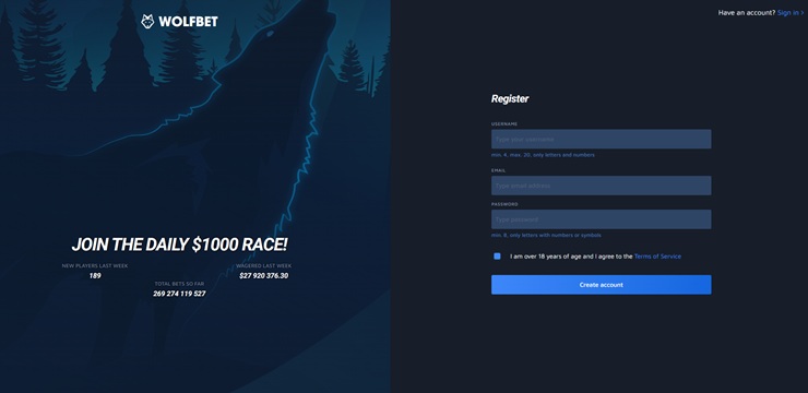 wolfbet casino sign up form