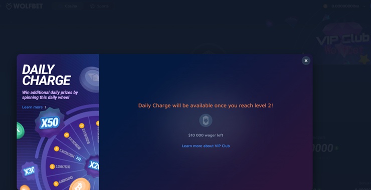 wolfbet casion daily charge promo