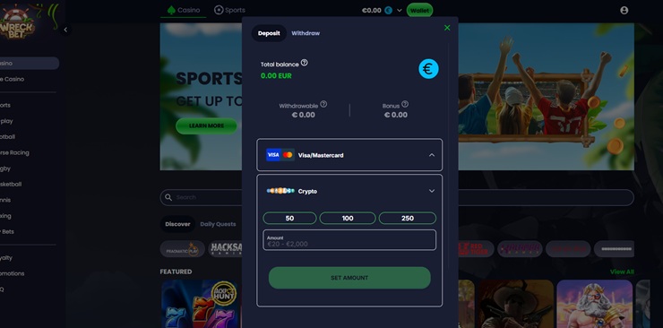 screenshot of deposit methods at wreckbet EU online casino