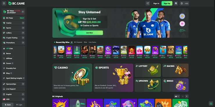 bc game welcome bonus and games on homepage