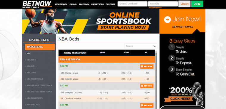 Screenshot of BetNow's home page, including options for New York sports betting.