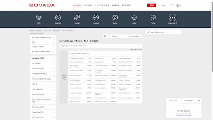 Bovada Super Bowl 60 Winner Bets