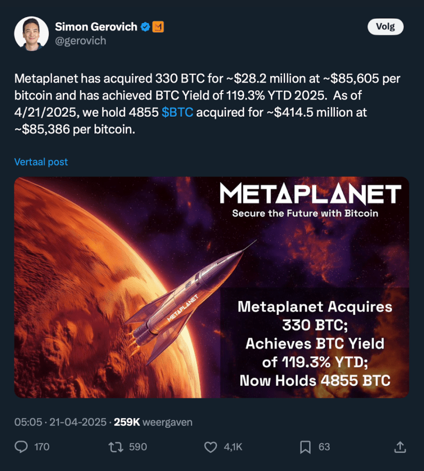 Simon Gerovich Metaplanet koopt 330 BTC - Bron X