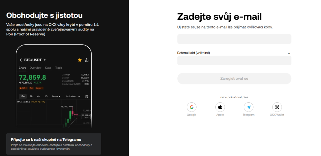 Registrace na platformu OKX.
