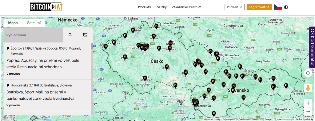 Mapa bitcoinmatů v ČR a SK.