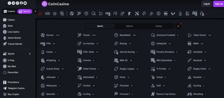 Seção de apostas esportivas no CoinCasino